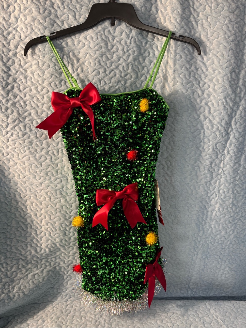 Eyeshadow Green Sequin Holiday Christmas Dress with Red Bow Accents